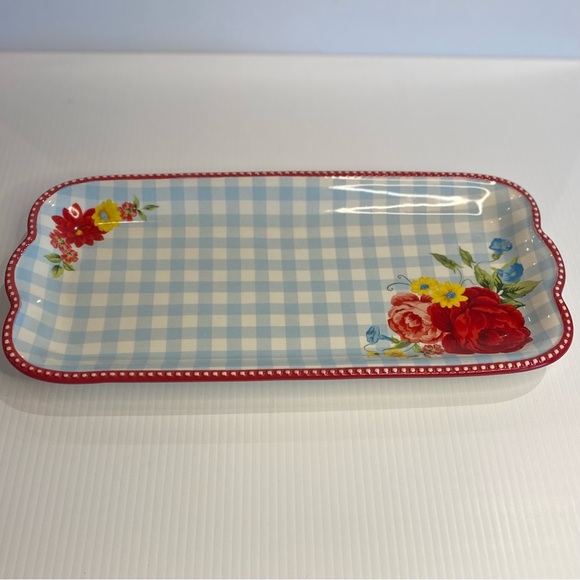 Pioneer Woman Narrow Platter Sweet Rose Gingham & Floral 14" x 7" Stoneware - Picture 2 of 6